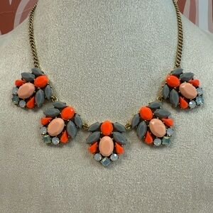 J Crew Coral & Gray Rhinestone Gold Statement Necklace